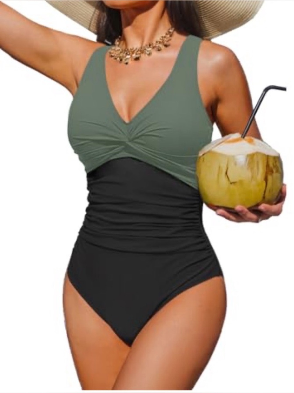 New Women’s one Piece Tummy Control Green and Black Swimsuit / XL